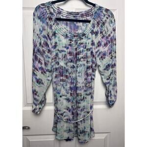 Daisy Fuentes Sheer Tunic Long Sleeve Watercolor Smocked Neck Top Blouse Sz XL